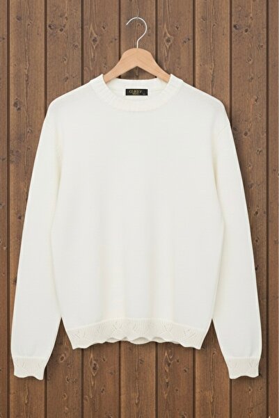 İmajButik Cream Crew Neck Knit Sweater with Guipure Detail on Sleeves and Hem