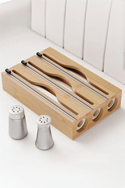 Bayev Bamboo 3-Compartment Stretch Film and Foil Cutter Organizer - Bamboo Wood Stretch Film and Foil Holder