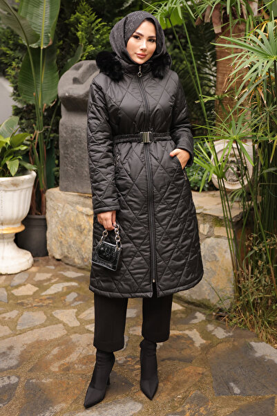 İmajButik Black Hooded Zipper Quilted Jacket