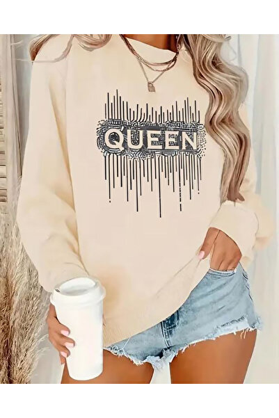 herkesemoda Queen Print Detailed Crew Neck Sweatshirt
