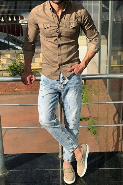 MADZEYMODA Men's Boyfriend Fit Snow Wash Denim Ripped Detail Jean Denim Pants Bf-499