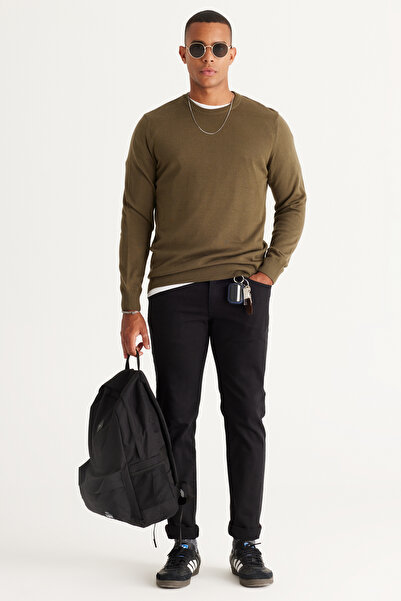 ALTINYILDIZ CLASSICS Πουλόβερ από βαμβακερό πλεκτό χακί Standard Fit Normal Cut με λαιμόκοψη