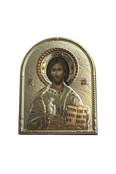 SLEVORI Icoană din argint - Iisus Hristos 8x9 cm (fundal auriu, ramă maro)