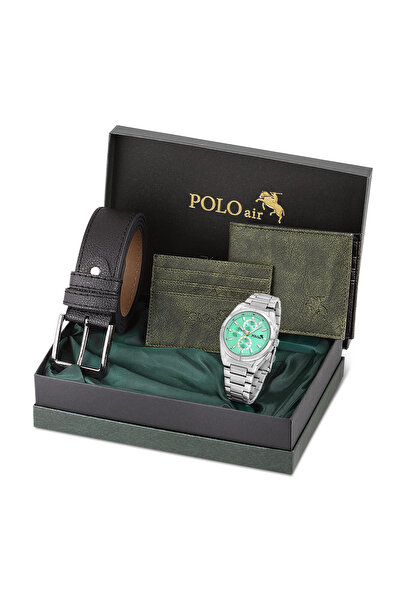 Polo Air Erkek Kol Saati Kemer Cüzdan Kartlık Hediyelik Kutusunda Su yeşili S...