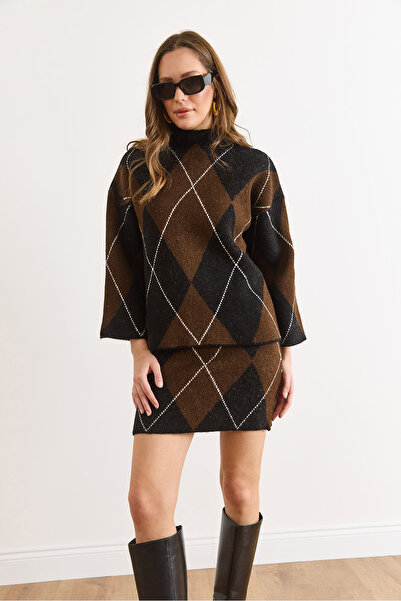 Olalook Women's Black Mock Neck Sweater Skirt Thick Knitwear Set Tkm-19000468