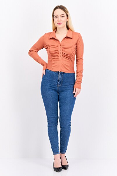 Poof Women Spread Collar Long Sleeve Textured Top, Rust