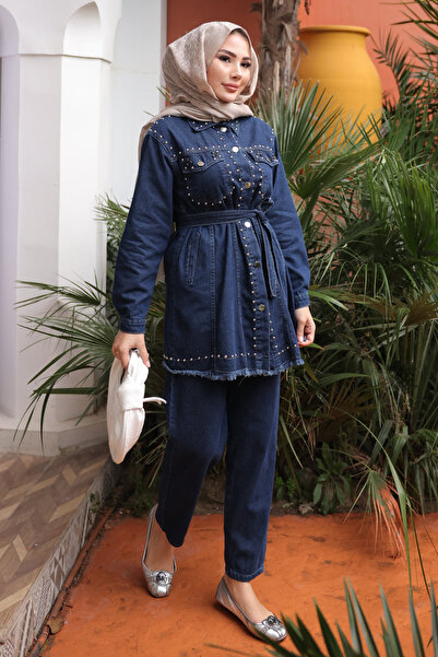 İmajButik Navy Blue Stone Embroidered Jacket and Trousers Denim Suit
