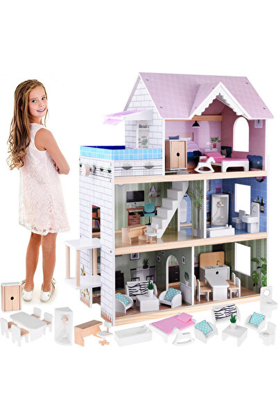 Jokomisiada Children's dollhouse made of wood, with 3 floors and 5 spacious, fully equipped rooms