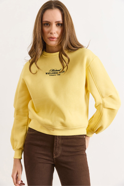 Olalook Γυναικείο φούτερ επένδυση fleece με κίτρινο μανίκι και λεπτομερές κέντημα SWT-19000789