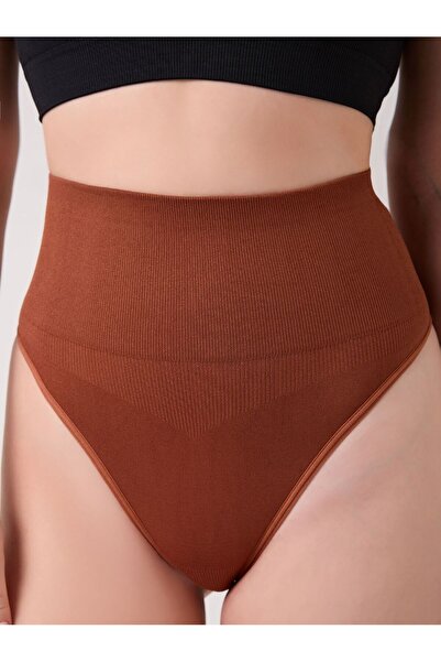 MİSTİRİK Montela Model Corseted Belly and Abdomen Tightening Thong Panties Coffee Color