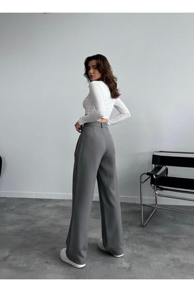 HA-KA GİYİM Women's Imported Doubleface Palazzo Pants with Belt Detail, Pleated, High-Quality Product, Does Not Fade