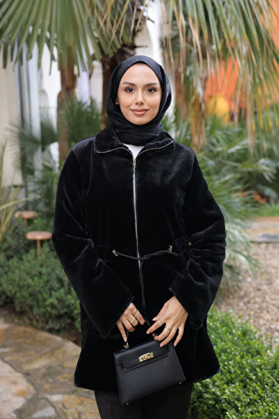 İmajButik Black Drawstring Flato Plush Coat with Pockets and Zipper