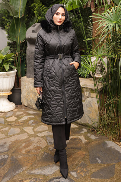 İmajButik Black Hooded Zipper Quilted Jacket
