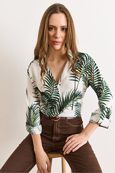 Olalook Women's Green Patterned Sleeve Folded Viscose Shirt Gml-19001403