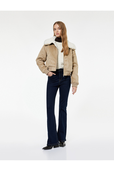 Koton Bonded Coat with Suede Look, Long Sleeves, Pockets, Plush Lining Inside