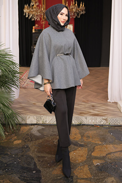 İmajButik Anthracite Belted Stamp Poncho