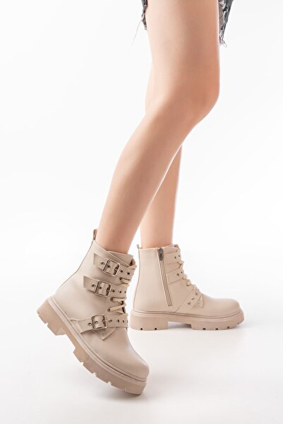 Zerenyus ZRİN-3039 Premium Γυναικείες μπότες με φερμουάρ και αξεσουάρ με αγκράφα σε μπεζ χρώμα