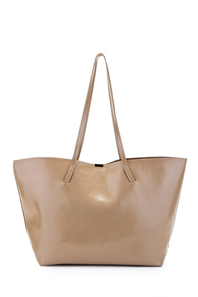 minebag Faux Leather Stand Handle Bag with Metal Accessories Beige