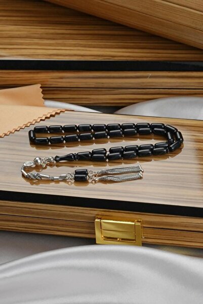 dergah tesbih Harmony Series Silver Design Black Fire-I Crimped Amber Prayer Beads