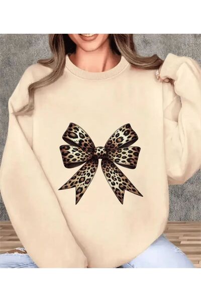 herkesemoda Leopard Bow Print Detailed Crew Neck Sweatshirt