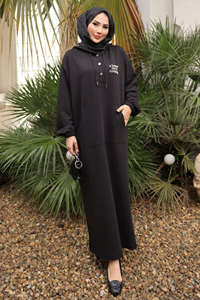 İmajButik Siyah Baskılı Kapüşonlu İki İplik Elbise