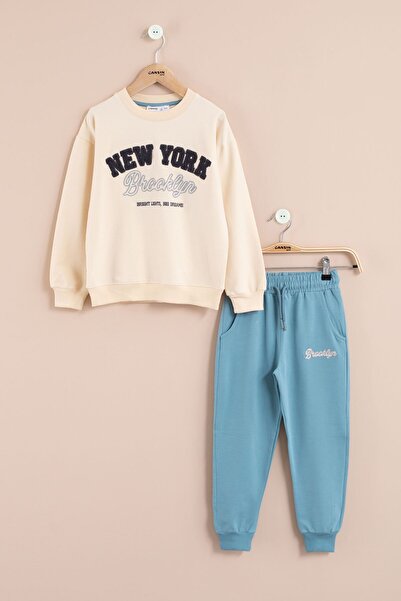 Cansın Mini Set de trening pentru băiat Blue New York Written guler rotund 23394