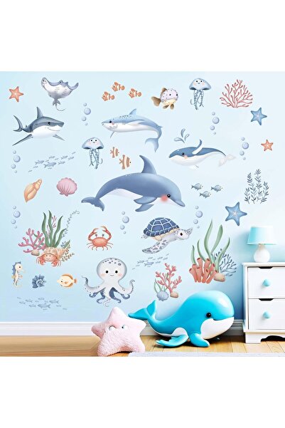 Amimagen ملصقات حائط للمحيط والبحر للأطفال - قرش وحوت تحت الماء، قابلة للتقشي...