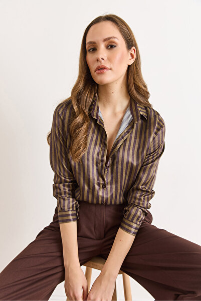 Olalook Γυναικείο πουκάμισο με ρίγες από σατέν χακί μελιτζάνας GML-19001388