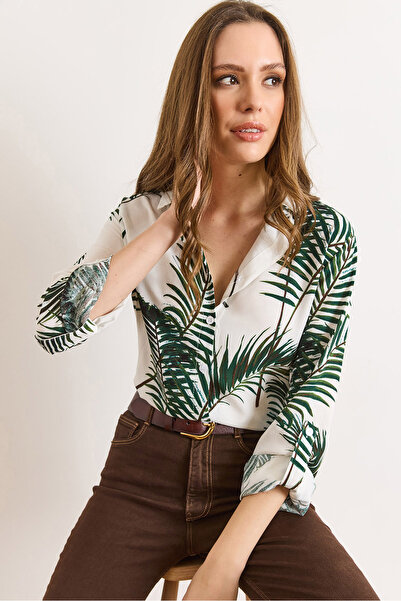 Olalook Women's Green Patterned Sleeve Folded Viscose Shirt Gml-19001403