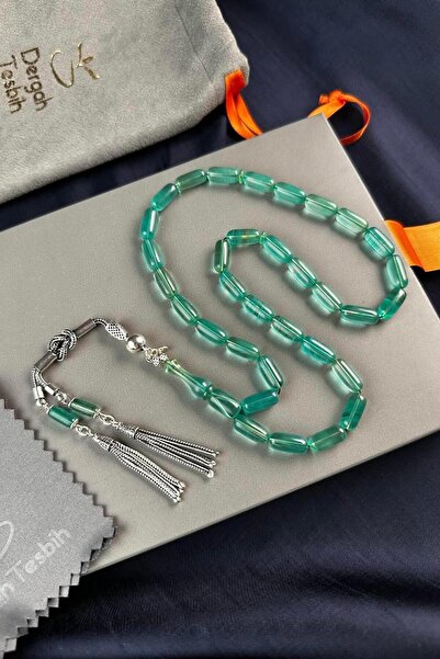 dergah tesbih Harmony Series Silver Design Water Green Fire-I Crimped Amber Prayer Beads