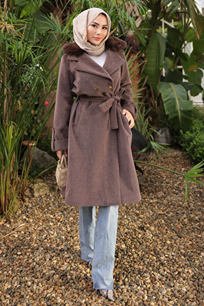 İmajButik Καφέ γούνινο παλτό ανγκόρα με γιακά
