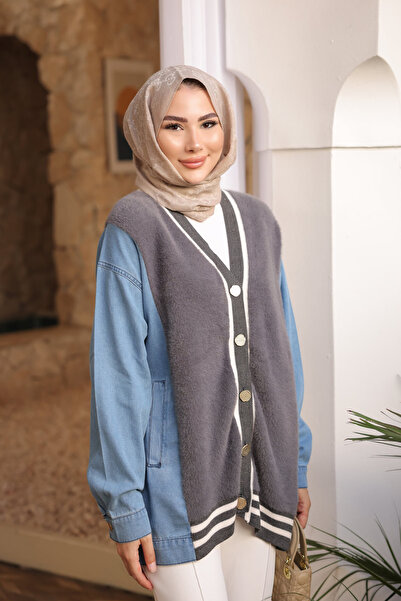 İmajButik Smoked Denim Paneled Soft Angora Cardigan