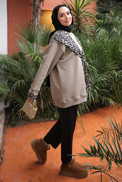 İmajButik Φούτερ με λεπτομέρεια από χακί φουλάρι, επένδυση fleece τριών κλωστών