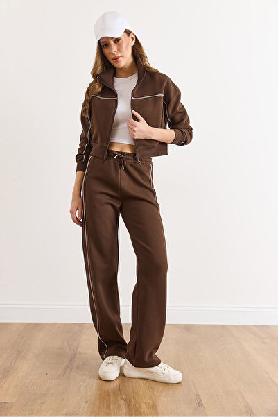 Olalook Γυναικεία Καφέ διακοσμητικό ρέλι επένδυση fleece Σετ Φόρμας ETKM-0000091