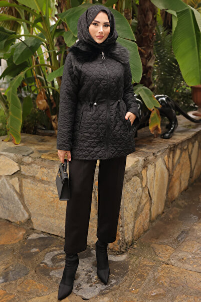 İmajButik Black Collar Sheepskin Quilted Coat