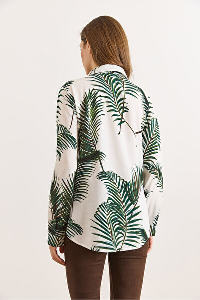 Olalook Women's Green Patterned Sleeve Folded Viscose Shirt Gml-19001403