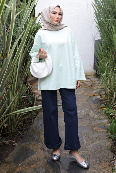 İmajButik Ανοιχτό πράσινο πουλόβερ με λαιμόκοψη oversized με δύο κλωστές