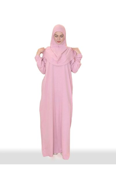 R reisa %100 Pamuk Düz Renk Başörtülü Tek Parça Namaz Elbisesi - Pembe