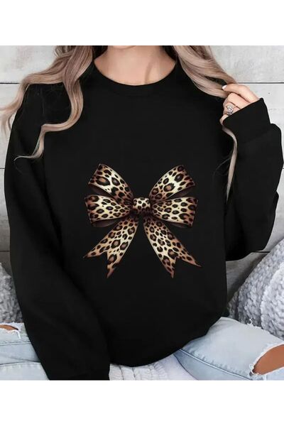 herkesemoda Leopard Bow Print Detailed Crew Neck Sweatshirt