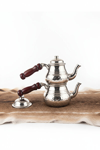Taşhan Çarşı El İşçiliği Gümüş Renkli Bakır Çaydanlık Takımı - 2 Kişilik Ahşap Kulplu Otantik Demlik Seti
