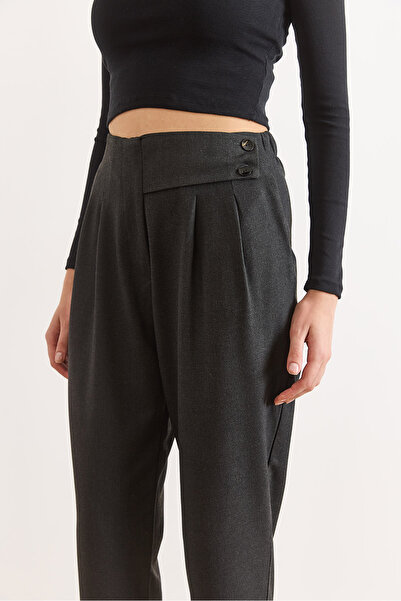 Olalook Women's Anthracite Waist Detailed Pleated Polyviscose Carrot Pants Pnt-19000293