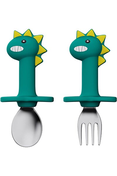 SWIUKPHE 2-Piece Toddler Cutlery Set - Stainless Steel Fork & Spoon with Silicone Dinosaur Handle