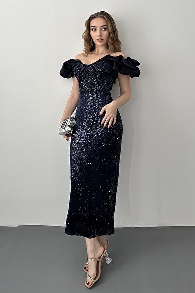 Elbee Fashion Woman Rochie fără mâneci cu paiete albastru bleumarin