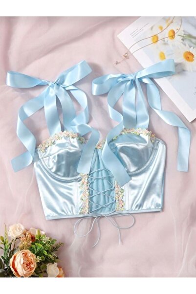 Tual Mavi Çiçekli Büstiyer Crop Top Korse