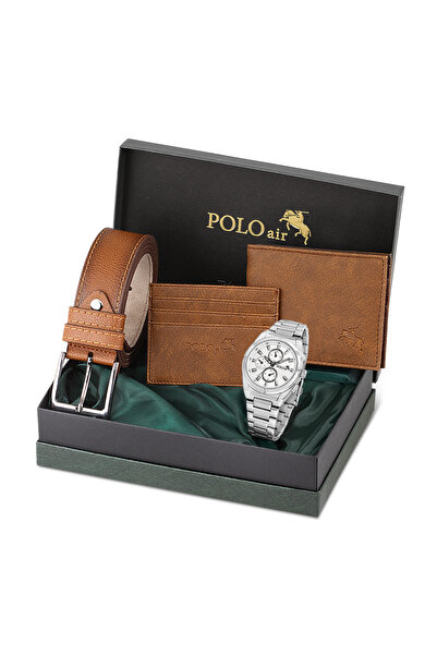 Polo Air Erkek Kol Saati Kemer Cüzdan Kartlık Hediyelik Kutusunda Gümüş Set P...