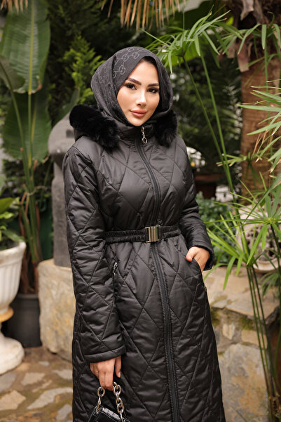İmajButik Black Hooded Zipper Quilted Jacket