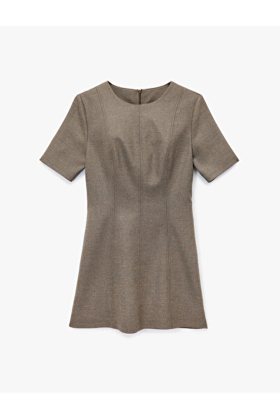 Koton Crew Neck Short Sleeve Viscose Blend Mini Dress with Stitching Detail