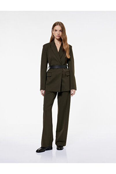 Koton Ribbed Pocket Straight Fit Belted Wide Leg Trousers
