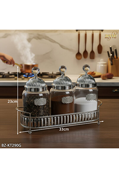 Hinora Hürrem Model Triple Glass Tray Spice Rack Set 33X23X11Cm