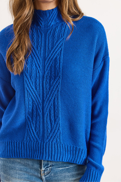 Olalook Women's Cobalt Blue Mock Neck Mid-Hair Braided Knitwear Sweater Kzk-19000912